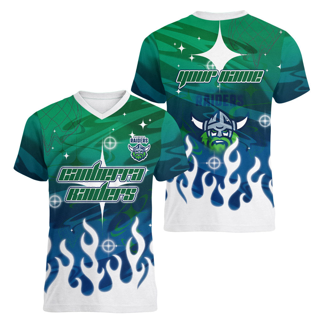 Personalized Canberra Raiders Women V-Neck T-Shirt Y2K Grunge Aesthetic With Cyber Flames and Starburst Graphics