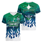 Personalized Canberra Raiders Women V-Neck T-Shirt Y2K Grunge Aesthetic With Cyber Flames and Starburst Graphics