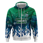 Personalized Canberra Raiders Zip Hoodie Y2K Grunge Aesthetic With Cyber Flames and Starburst Graphics