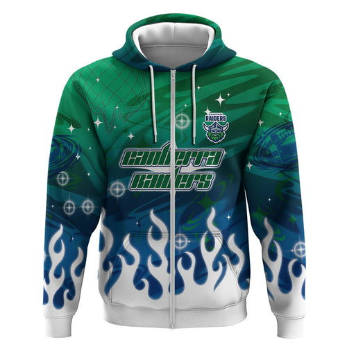 Personalized Canberra Raiders Zip Hoodie Y2K Grunge Aesthetic With Cyber Flames and Starburst Graphics