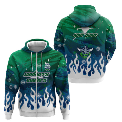 Personalized Canberra Raiders Zip Hoodie Y2K Grunge Aesthetic With Cyber Flames and Starburst Graphics