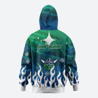 Personalized Canberra Raiders Zip Hoodie Y2K Grunge Aesthetic With Cyber Flames and Starburst Graphics