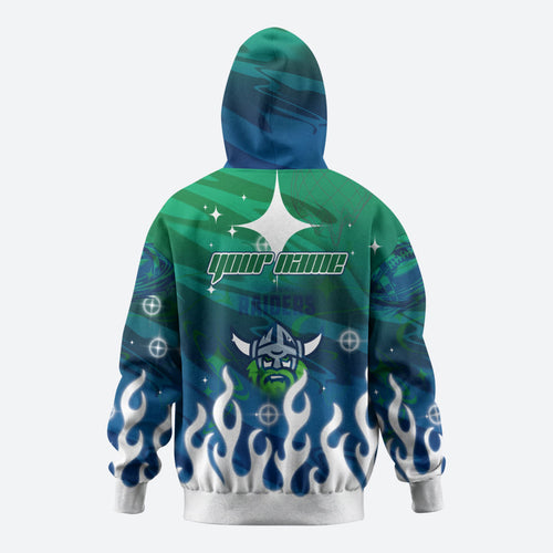 Personalized Canberra Raiders Zip Hoodie Y2K Grunge Aesthetic With Cyber Flames and Starburst Graphics