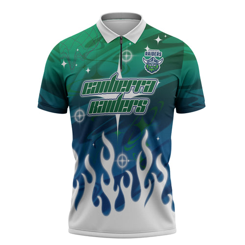 Personalized Canberra Raiders Zipper Polo Shirt Y2K Grunge Aesthetic With Cyber Flames and Starburst Graphics