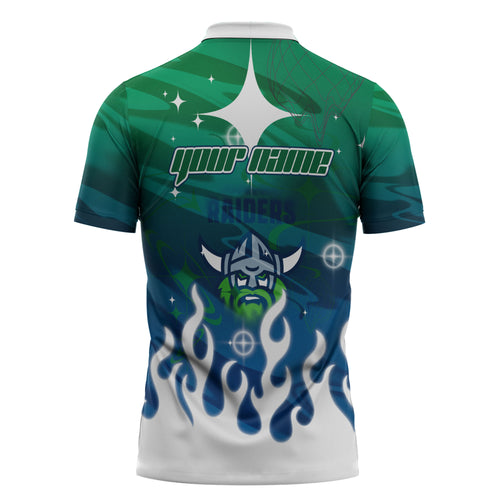 Personalized Canberra Raiders Zipper Polo Shirt Y2K Grunge Aesthetic With Cyber Flames and Starburst Graphics