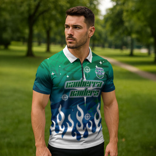 Personalized Canberra Raiders Zipper Polo Shirt Y2K Grunge Aesthetic With Cyber Flames and Starburst Graphics