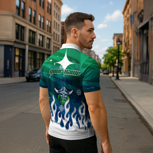 Personalized Canberra Raiders Zipper Polo Shirt Y2K Grunge Aesthetic With Cyber Flames and Starburst Graphics