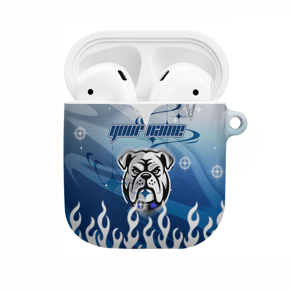 Personalized Canterbury Bankstown Bulldogs AirPods Case Y2K Grunge Aesthetic With Cyber Flames and Starburst Graphics