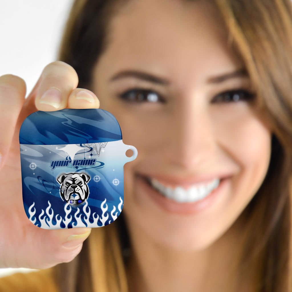 Personalized Canterbury Bankstown Bulldogs AirPods Case Y2K Grunge Aesthetic With Cyber Flames and Starburst Graphics
