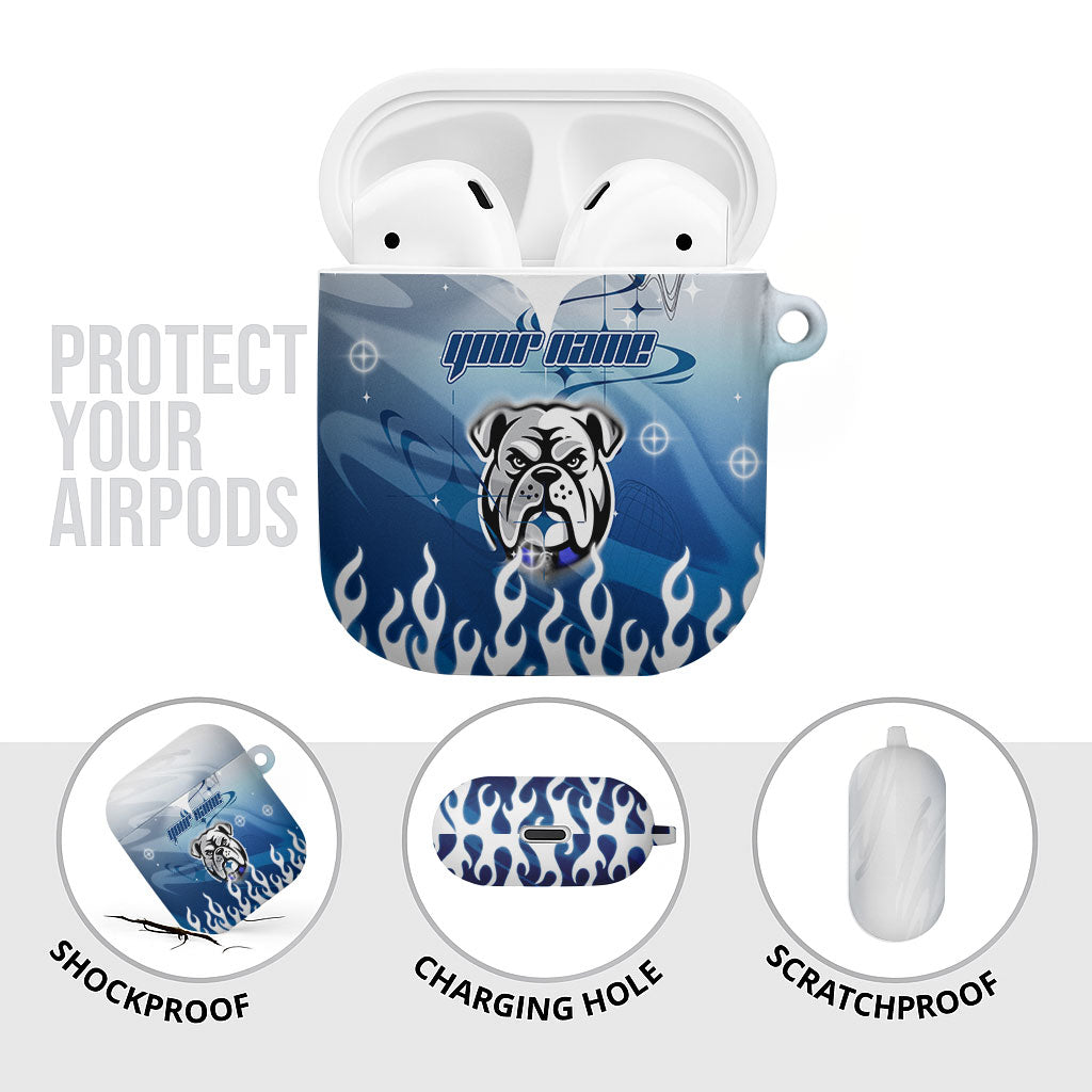 Personalized Canterbury Bankstown Bulldogs AirPods Case Y2K Grunge Aesthetic With Cyber Flames and Starburst Graphics