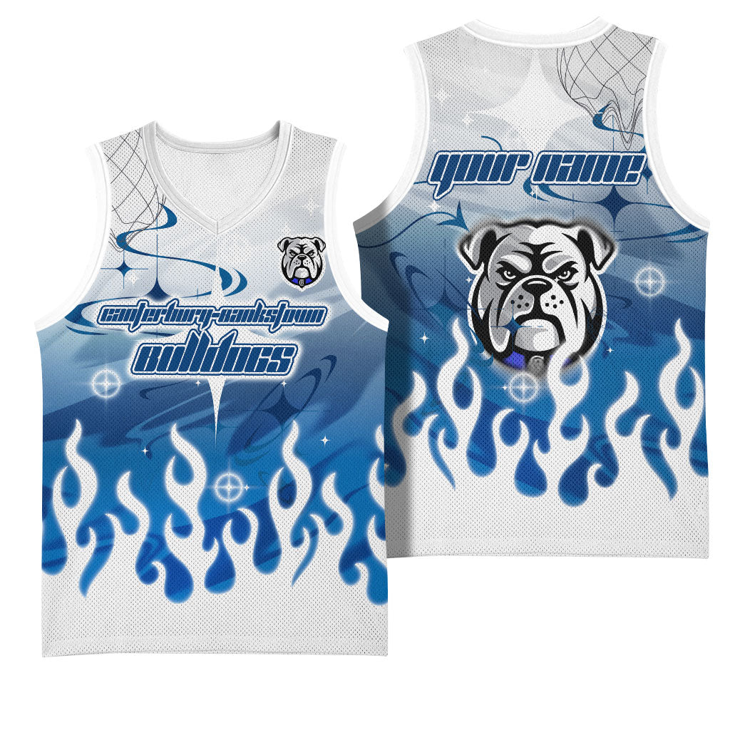 Personalized Canterbury Bankstown Bulldogs Basketball Jersey Y2K Grunge Aesthetic With Cyber Flames and Starburst Graphics