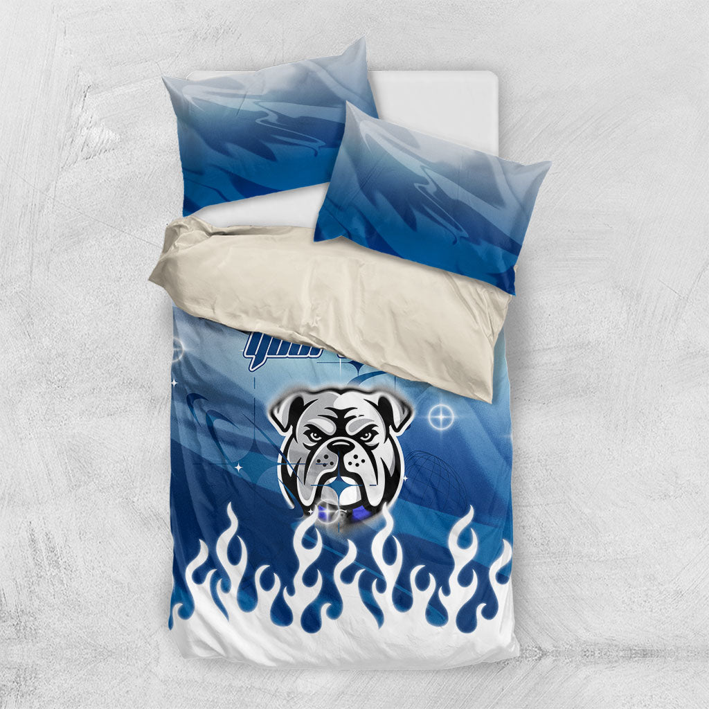 Personalized Canterbury Bankstown Bulldogs Bedding Set Y2K Grunge Aesthetic With Cyber Flames and Starburst Graphics