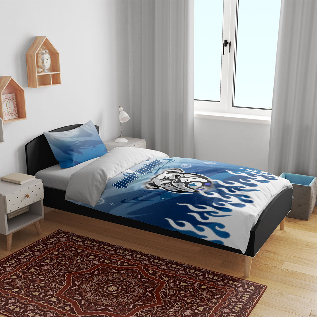Personalized Canterbury Bankstown Bulldogs Bedding Set Y2K Grunge Aesthetic With Cyber Flames and Starburst Graphics