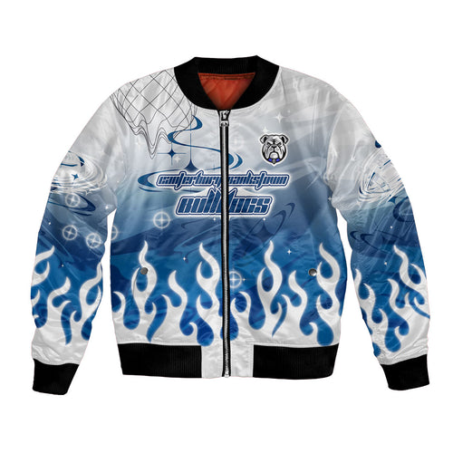 Personalized Canterbury Bankstown Bulldogs Bomber Jacket Y2K Grunge Aesthetic With Cyber Flames and Starburst Graphics