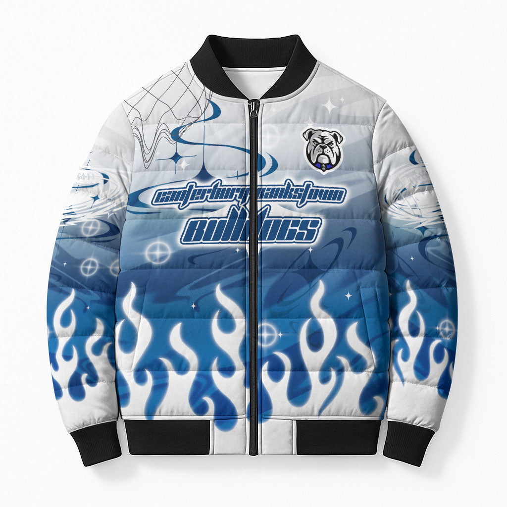 Personalized Canterbury Bankstown Bulldogs Bomber Puffer Jacket Y2K Grunge Aesthetic With Cyber Flames and Starburst Graphics