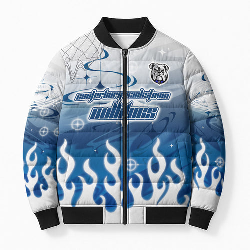 Personalized Canterbury Bankstown Bulldogs Bomber Puffer Jacket Y2K Grunge Aesthetic With Cyber Flames and Starburst Graphics