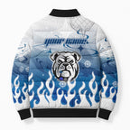 Personalized Canterbury Bankstown Bulldogs Bomber Puffer Jacket Y2K Grunge Aesthetic With Cyber Flames and Starburst Graphics