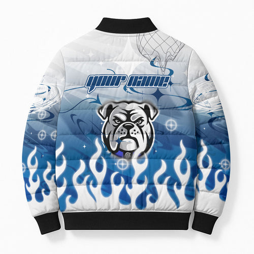 Personalized Canterbury Bankstown Bulldogs Bomber Puffer Jacket Y2K Grunge Aesthetic With Cyber Flames and Starburst Graphics