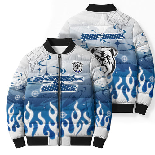 Personalized Canterbury Bankstown Bulldogs Bomber Puffer Jacket Y2K Grunge Aesthetic With Cyber Flames and Starburst Graphics