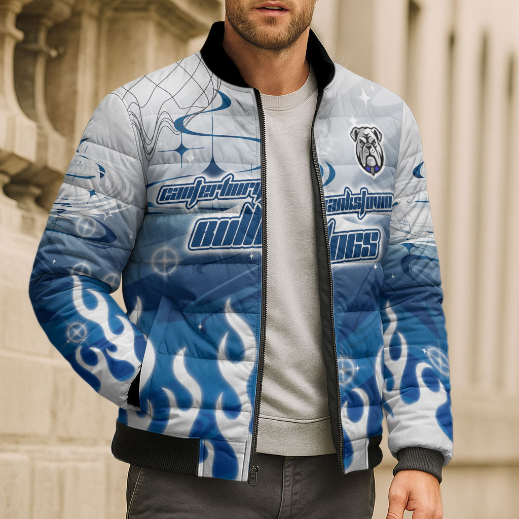 Personalized Canterbury Bankstown Bulldogs Bomber Puffer Jacket Y2K Grunge Aesthetic With Cyber Flames and Starburst Graphics