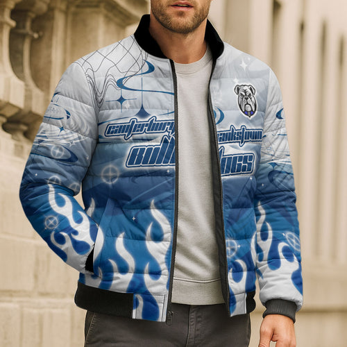 Personalized Canterbury Bankstown Bulldogs Bomber Puffer Jacket Y2K Grunge Aesthetic With Cyber Flames and Starburst Graphics