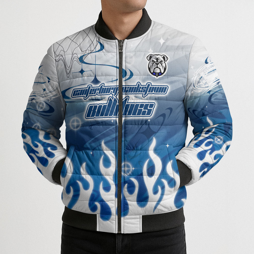 Personalized Canterbury Bankstown Bulldogs Bomber Puffer Jacket Y2K Grunge Aesthetic With Cyber Flames and Starburst Graphics