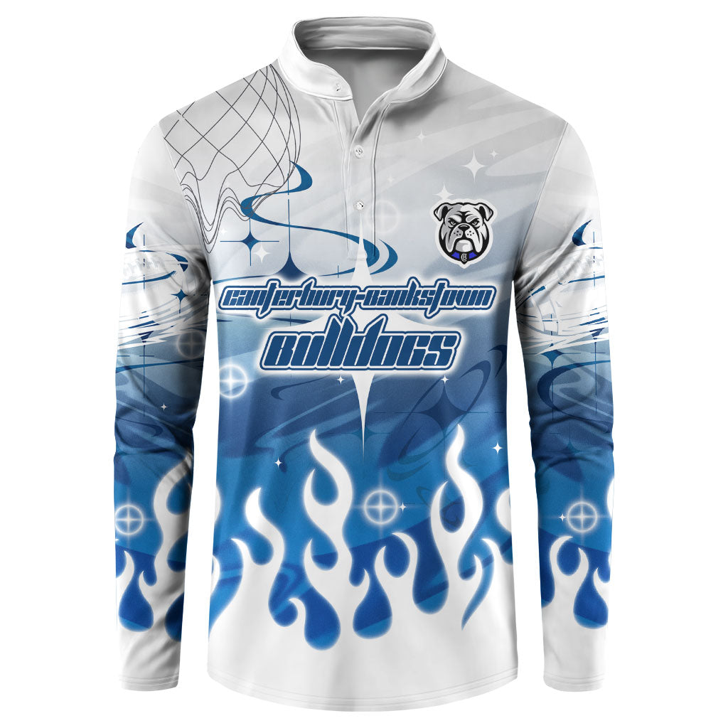 Personalized Canterbury Bankstown Bulldogs Button Sweatshirt Y2K Grunge Aesthetic With Cyber Flames and Starburst Graphics