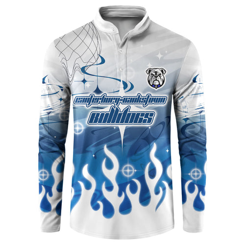 Personalized Canterbury Bankstown Bulldogs Button Sweatshirt Y2K Grunge Aesthetic With Cyber Flames and Starburst Graphics