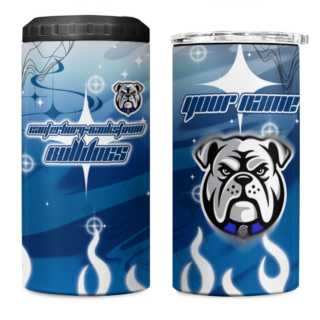 Personalized Canterbury Bankstown Bulldogs 4 in 1 Can Cooler Tumbler Y2K Grunge Aesthetic With Cyber Flames and Starburst Graphics