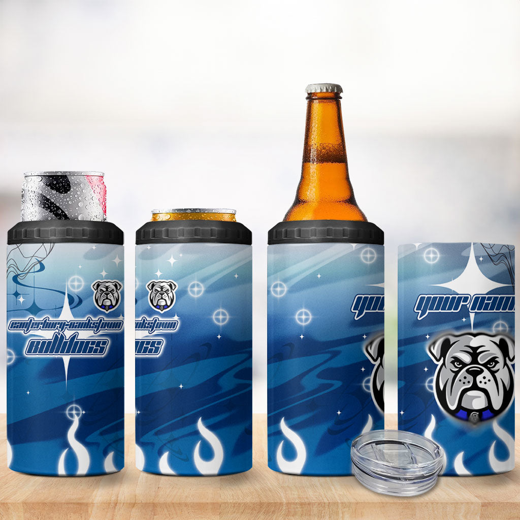 Personalized Canterbury Bankstown Bulldogs 4 in 1 Can Cooler Tumbler Y2K Grunge Aesthetic With Cyber Flames and Starburst Graphics