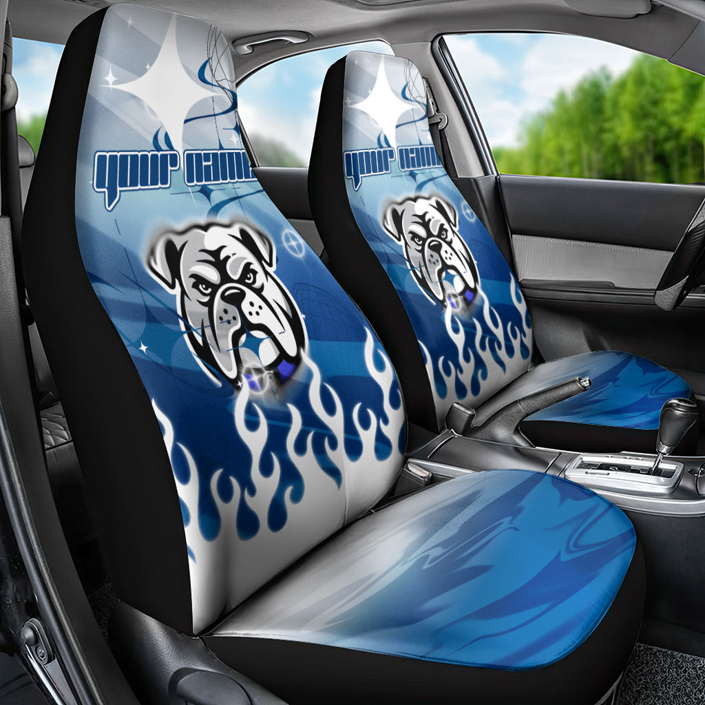 Personalized Canterbury Bankstown Bulldogs Car Seat Cover Y2K Grunge Aesthetic With Cyber Flames and Starburst Graphics
