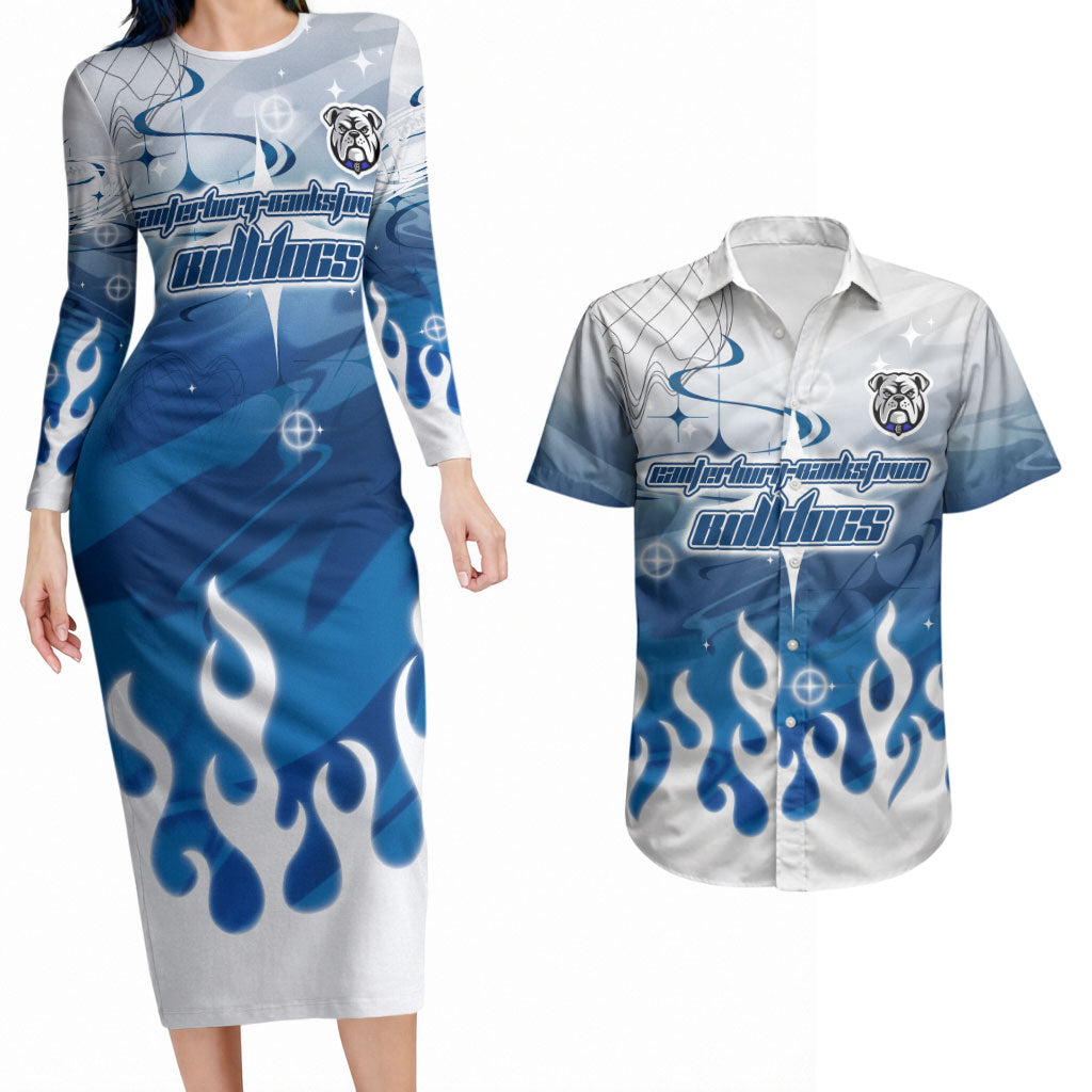 Personalized Canterbury Bankstown Bulldogs Couples Matching Long Sleeve Bodycon Dress and Hawaiian Shirt Y2K Grunge Aesthetic With Cyber Flames and Starburst Graphics