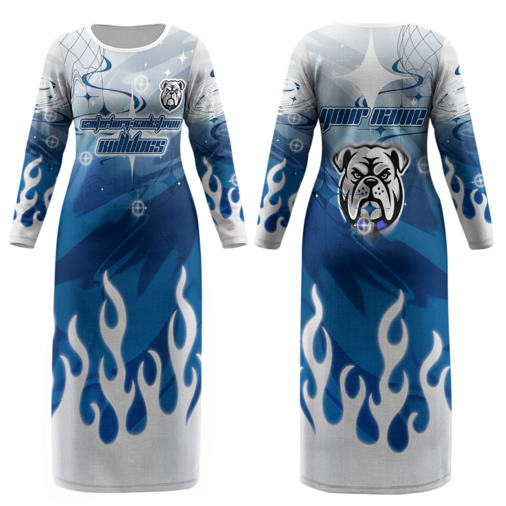 Personalized Canterbury Bankstown Bulldogs Couples Matching Long Sleeve Bodycon Dress and Hawaiian Shirt Y2K Grunge Aesthetic With Cyber Flames and Starburst Graphics