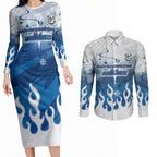 Personalized Canterbury Bankstown Bulldogs Couples Matching Long Sleeve Bodycon Dress and Long Sleeve Button Shirt Y2K Grunge Aesthetic With Cyber Flames and Starburst Graphics