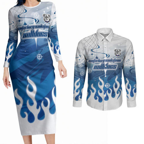 Personalized Canterbury Bankstown Bulldogs Couples Matching Long Sleeve Bodycon Dress and Long Sleeve Button Shirt Y2K Grunge Aesthetic With Cyber Flames and Starburst Graphics