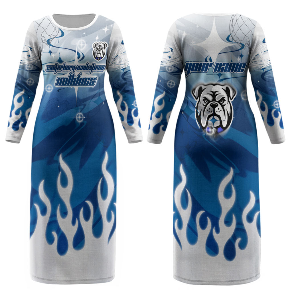 Personalized Canterbury Bankstown Bulldogs Couples Matching Long Sleeve Bodycon Dress and Long Sleeve Button Shirt Y2K Grunge Aesthetic With Cyber Flames and Starburst Graphics
