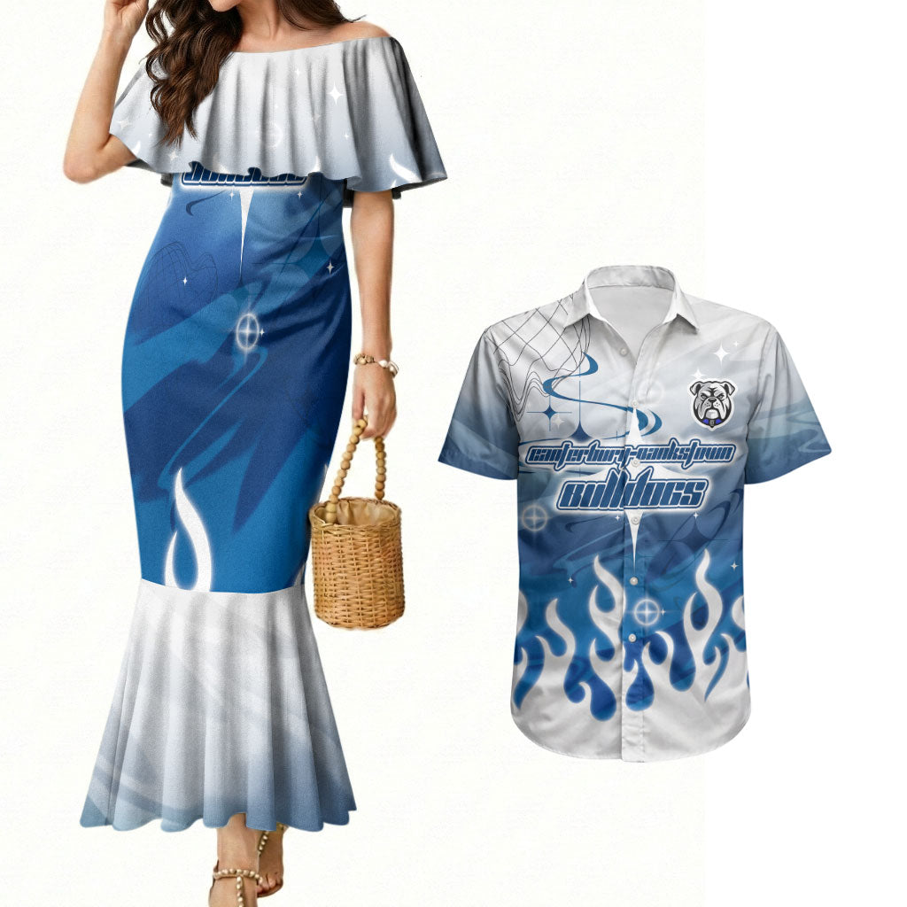 Personalized Canterbury Bankstown Bulldogs Couples Matching Mermaid Dress and Hawaiian Shirt Y2K Grunge Aesthetic With Cyber Flames and Starburst Graphics