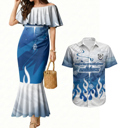 Personalized Canterbury Bankstown Bulldogs Couples Matching Mermaid Dress and Hawaiian Shirt Y2K Grunge Aesthetic With Cyber Flames and Starburst Graphics