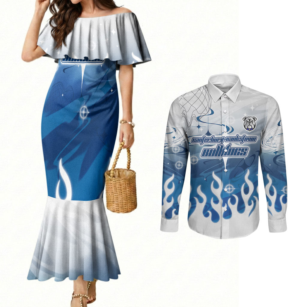 Personalized Canterbury Bankstown Bulldogs Couples Matching Mermaid Dress and Long Sleeve Button Shirt Y2K Grunge Aesthetic With Cyber Flames and Starburst Graphics