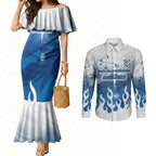 Personalized Canterbury Bankstown Bulldogs Couples Matching Mermaid Dress and Long Sleeve Button Shirt Y2K Grunge Aesthetic With Cyber Flames and Starburst Graphics