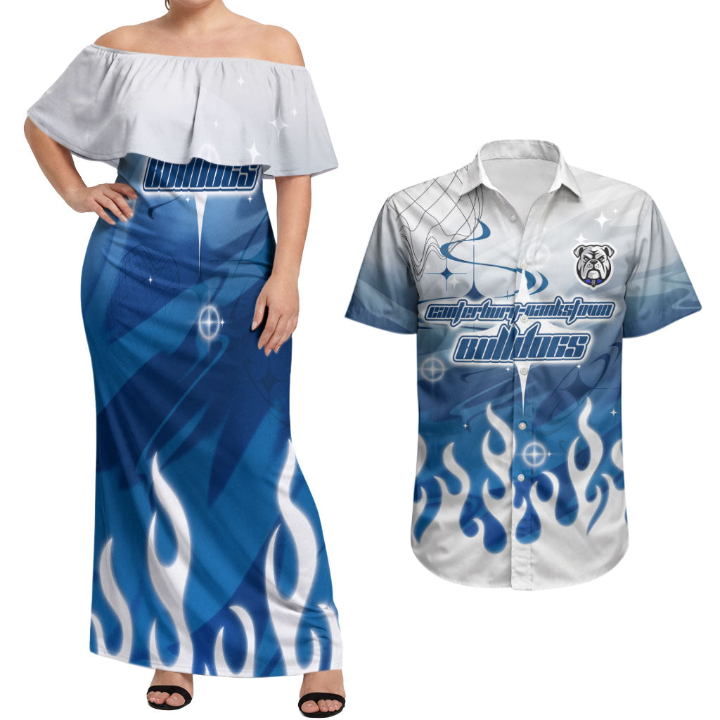 Personalized Canterbury Bankstown Bulldogs Couples Matching Off Shoulder Maxi Dress and Hawaiian Shirt Y2K Grunge Aesthetic With Cyber Flames and Starburst Graphics