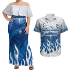 Personalized Canterbury Bankstown Bulldogs Couples Matching Off Shoulder Maxi Dress and Hawaiian Shirt Y2K Grunge Aesthetic With Cyber Flames and Starburst Graphics