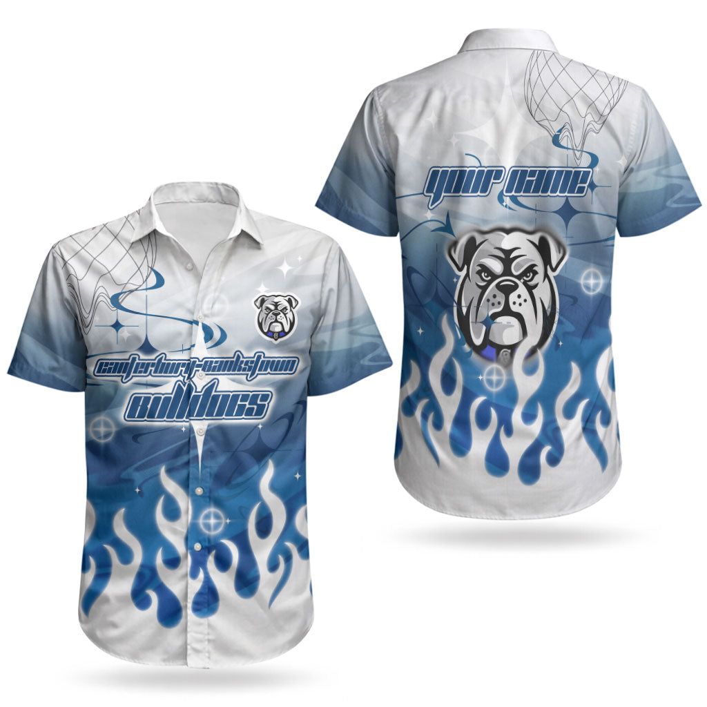 Personalized Canterbury Bankstown Bulldogs Couples Matching Off Shoulder Maxi Dress and Hawaiian Shirt Y2K Grunge Aesthetic With Cyber Flames and Starburst Graphics