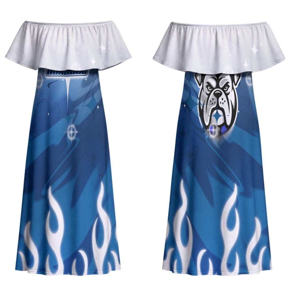Personalized Canterbury Bankstown Bulldogs Couples Matching Off Shoulder Maxi Dress and Hawaiian Shirt Y2K Grunge Aesthetic With Cyber Flames and Starburst Graphics