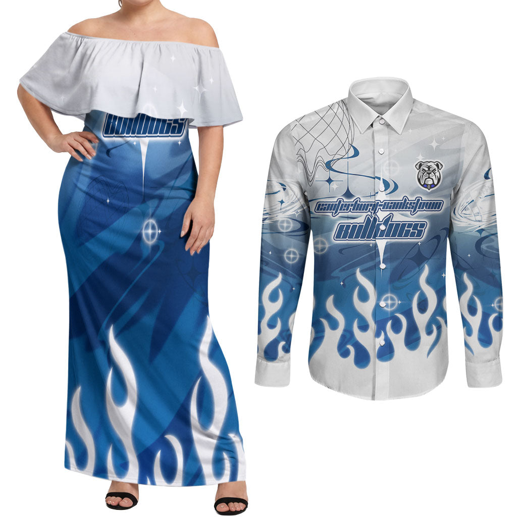 Personalized Canterbury Bankstown Bulldogs Couples Matching Off Shoulder Maxi Dress and Long Sleeve Button Shirt Y2K Grunge Aesthetic With Cyber Flames and Starburst Graphics