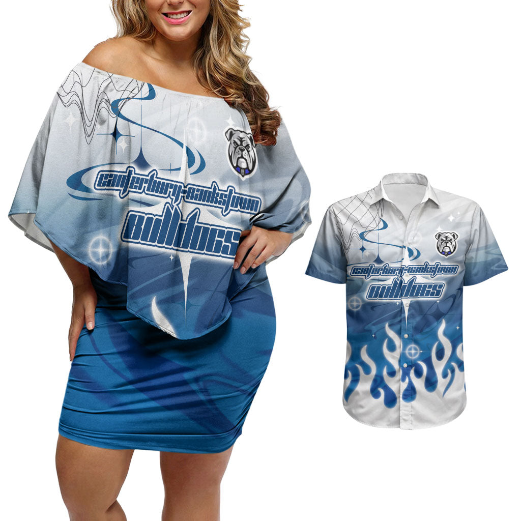Personalized Canterbury Bankstown Bulldogs Couples Matching Off Shoulder Short Dress and Hawaiian Shirt Y2K Grunge Aesthetic With Cyber Flames and Starburst Graphics