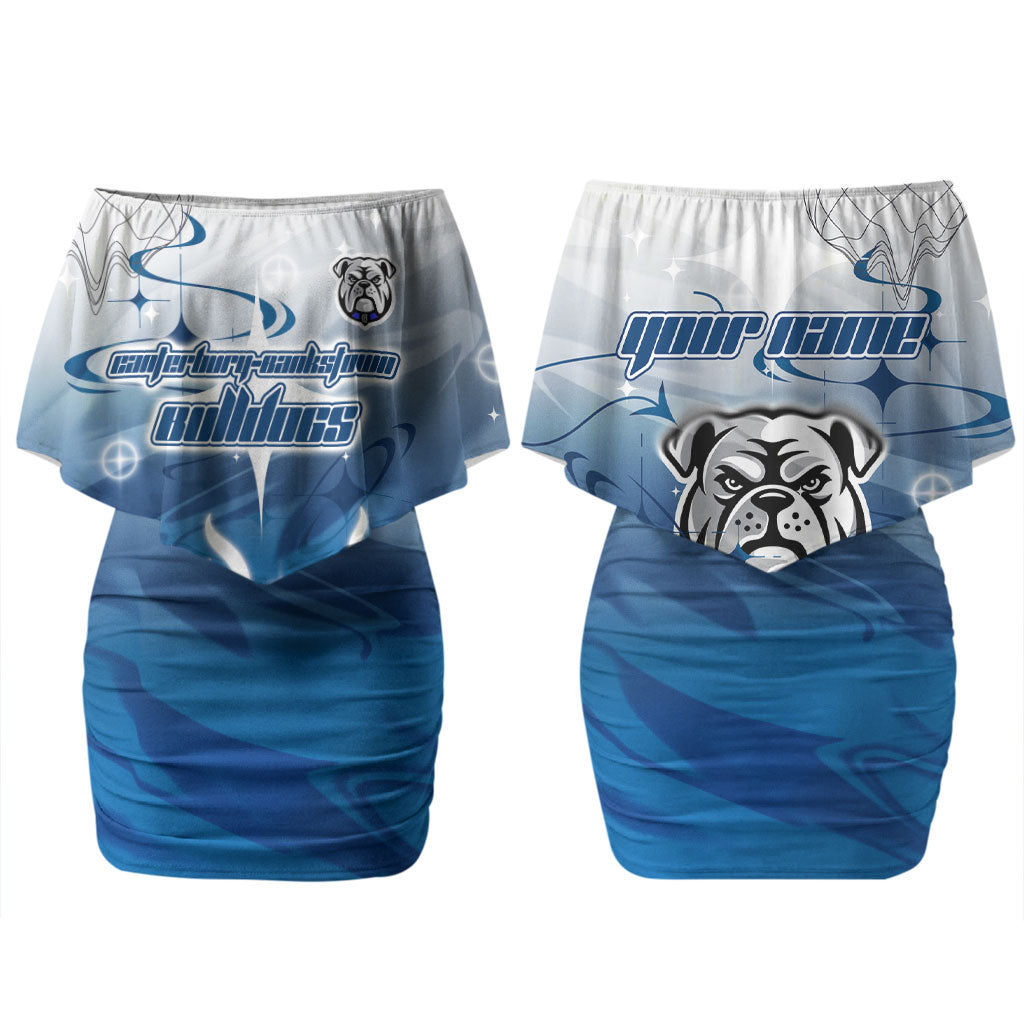 Personalized Canterbury Bankstown Bulldogs Couples Matching Off Shoulder Short Dress and Hawaiian Shirt Y2K Grunge Aesthetic With Cyber Flames and Starburst Graphics