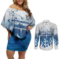 Personalized Canterbury Bankstown Bulldogs Couples Matching Off Shoulder Short Dress and Long Sleeve Button Shirt Y2K Grunge Aesthetic With Cyber Flames and Starburst Graphics