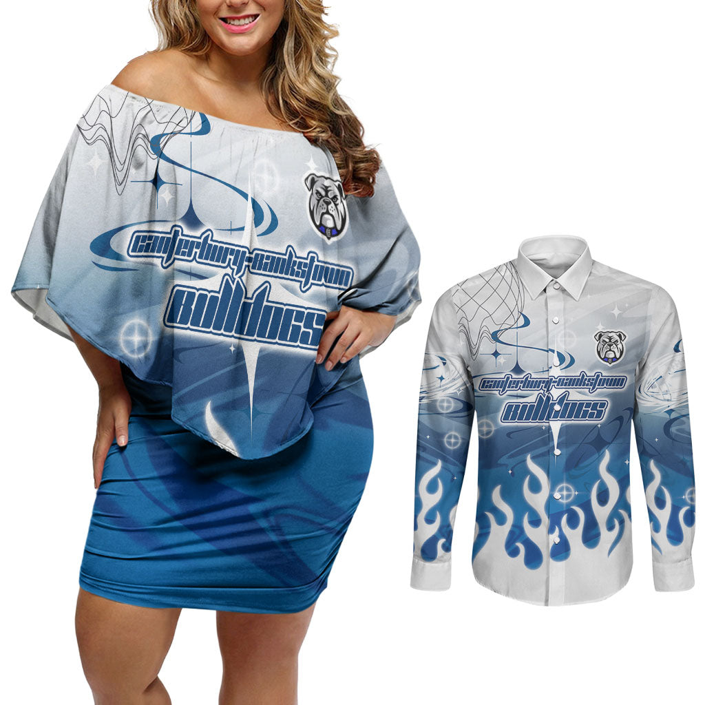 Personalized Canterbury Bankstown Bulldogs Couples Matching Off Shoulder Short Dress and Long Sleeve Button Shirt Y2K Grunge Aesthetic With Cyber Flames and Starburst Graphics