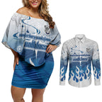 Personalized Canterbury Bankstown Bulldogs Couples Matching Off Shoulder Short Dress and Long Sleeve Button Shirt Y2K Grunge Aesthetic With Cyber Flames and Starburst Graphics